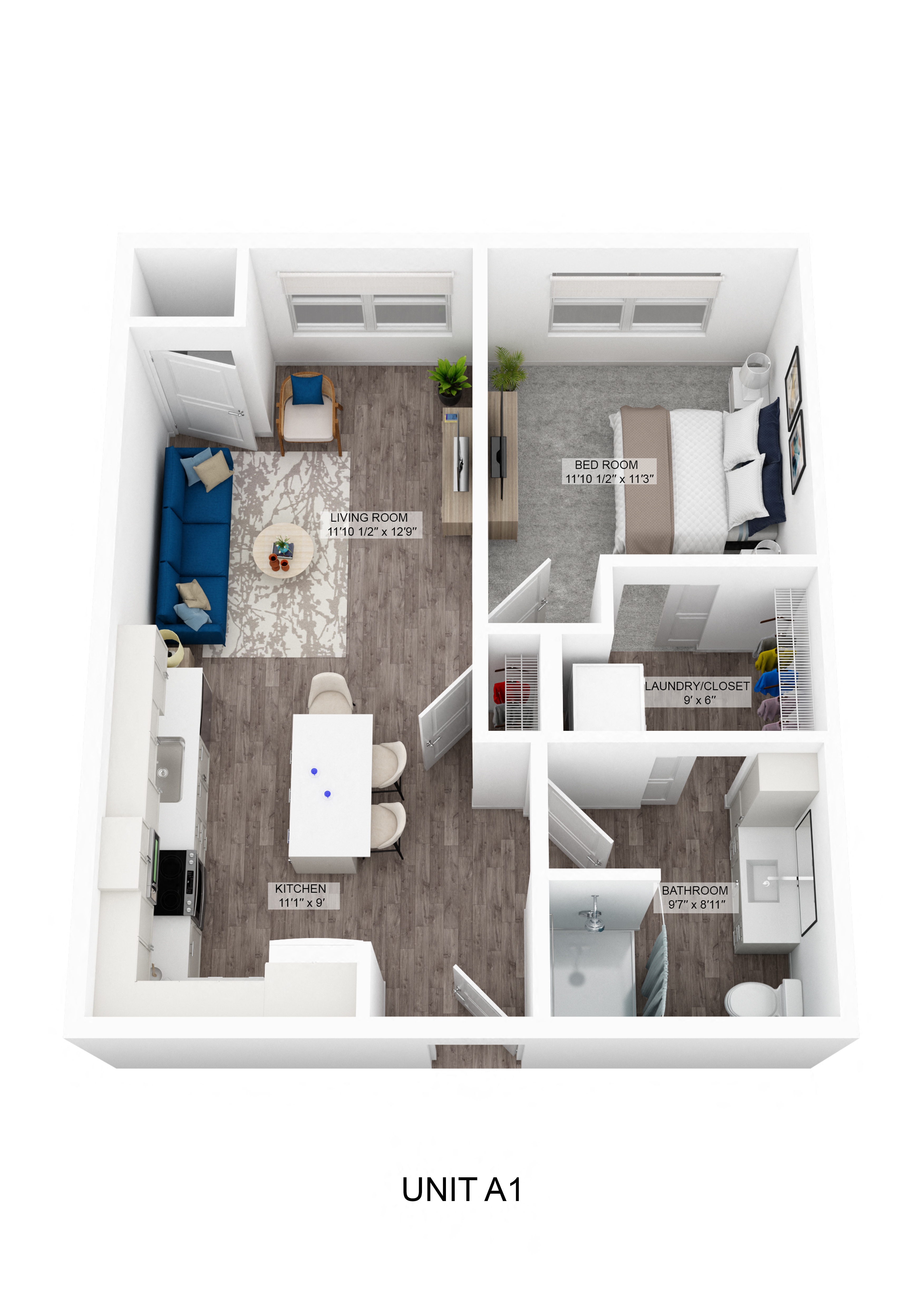 Floor plan for 1 bed, 1 bath, 662 sqft